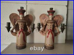Vintage Erzgebirge Style German Wooden Angel Candle Holders Folk Art Christmas