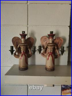 Vintage Erzgebirge Style German Wooden Angel Candle Holders Folk Art Christmas