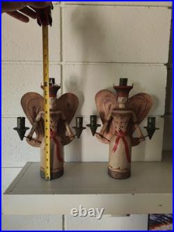 Vintage Erzgebirge Style German Wooden Angel Candle Holders Folk Art Christmas