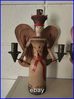 Vintage Erzgebirge Style German Wooden Angel Candle Holders Folk Art Christmas