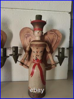 Vintage Erzgebirge Style German Wooden Angel Candle Holders Folk Art Christmas