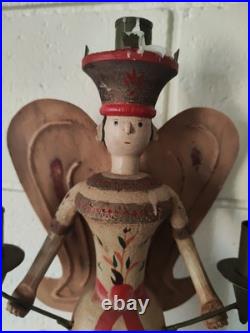 Vintage Erzgebirge Style German Wooden Angel Candle Holders Folk Art Christmas