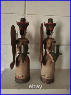 Vintage Erzgebirge Style German Wooden Angel Candle Holders Folk Art Christmas