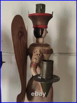 Vintage Erzgebirge Style German Wooden Angel Candle Holders Folk Art Christmas
