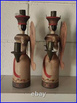 Vintage Erzgebirge Style German Wooden Angel Candle Holders Folk Art Christmas