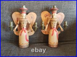 Vintage Erzgebirge Style German Wooden Angel Candle Holders Folk Art Christmas