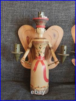Vintage Erzgebirge Style German Wooden Angel Candle Holders Folk Art Christmas