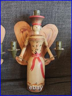 Vintage Erzgebirge Style German Wooden Angel Candle Holders Folk Art Christmas
