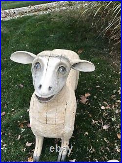Vintage Folk Art Life Size Wooden Nativity Sheep Pair French Style Detailed
