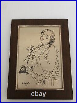 Vintage Franklin Mint Etching by Henry Moore Women Knitting in Sterling Silver