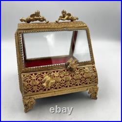 Vintage Gilt Ormulu Beveled Glass Jewelry Box Cherubs Birds Red Velvet Vintage Gilt Ormulu Beveled Glass Jewelry Box Cherubs Birds Red Velvet