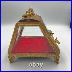 Vintage Gilt Ormulu Beveled Glass Jewelry Box Cherubs Birds Red Velvet
