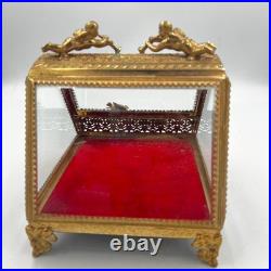 Vintage Gilt Ormulu Beveled Glass Jewelry Box Cherubs Birds Red Velvet Vintage Gilt Ormulu Beveled Glass Jewelry Box Cherubs Birds Red Velvet