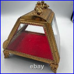 Vintage Gilt Ormulu Beveled Glass Jewelry Box Cherubs Birds Red Velvet Vintage Gilt Ormulu Beveled Glass Jewelry Box Cherubs Birds Red Velvet