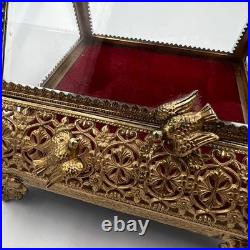 Vintage Gilt Ormulu Beveled Glass Jewelry Box Cherubs Birds Red Velvet Vintage Gilt Ormulu Beveled Glass Jewelry Box Cherubs Birds Red Velvet