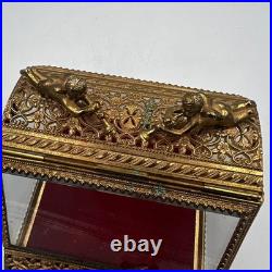 Vintage Gilt Ormulu Beveled Glass Jewelry Box Cherubs Birds Red Velvet Vintage Gilt Ormulu Beveled Glass Jewelry Box Cherubs Birds Red Velvet