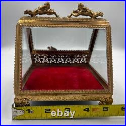 Vintage Gilt Ormulu Beveled Glass Jewelry Box Cherubs Birds Red Velvet Vintage Gilt Ormulu Beveled Glass Jewelry Box Cherubs Birds Red Velvet