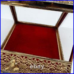 Vintage Gilt Ormulu Beveled Glass Jewelry Box Cherubs Birds Red Velvet Vintage Gilt Ormulu Beveled Glass Jewelry Box Cherubs Birds Red Velvet