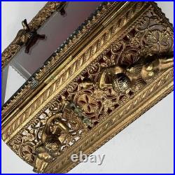 Vintage Gilt Ormulu Beveled Glass Jewelry Box Cherubs Birds Red Velvet Vintage Gilt Ormulu Beveled Glass Jewelry Box Cherubs Birds Red Velvet