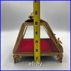 Vintage Gilt Ormulu Beveled Glass Jewelry Box Cherubs Birds Red Velvet Vintage Gilt Ormulu Beveled Glass Jewelry Box Cherubs Birds Red Velvet