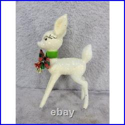 Vintage Glitter Reindeer Christmas Ornament Bell Bow Green Collar