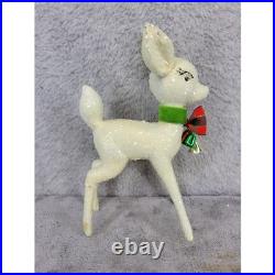 Vintage Glitter Reindeer Christmas Ornament Bell Bow Green Collar