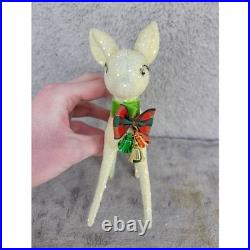 Vintage Glitter Reindeer Christmas Ornament Bell Bow Green Collar