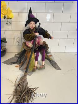 Vintage-Halloween 22 Poseable Shelf Sitter Witch Doll Decor with Broom Wart