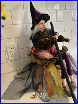 Vintage-Halloween 22 Poseable Shelf Sitter Witch Doll Decor with Broom Wart