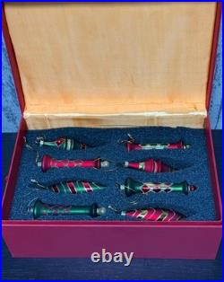Vintage Hand Blown Glass Christmas Ornament Set 8 Red Green Finials Boxed 5