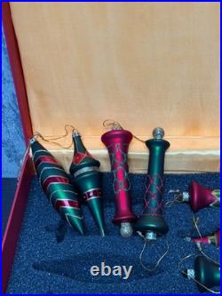 Vintage Hand Blown Glass Christmas Ornament Set 8 Red Green Finials Boxed 5