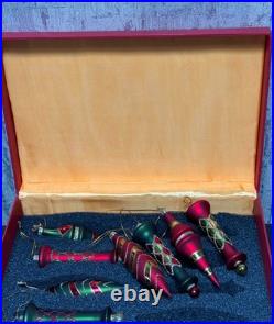 Vintage Hand Blown Glass Christmas Ornament Set 8 Red Green Finials Boxed 5