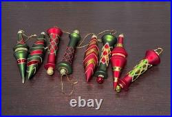 Vintage Hand Blown Glass Christmas Ornament Set 8 Red Green Finials Boxed 5