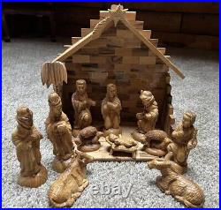 Vintage Hand Carved Detailed Complete Wooden Nativity Scene Manger Christmas