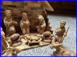 Vintage Hand Carved Detailed Complete Wooden Nativity Scene Manger Christmas
