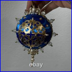 Vintage Handmade Beaded & Sequin Push Pin Christmas Ornament 82 pieces Blue Gold