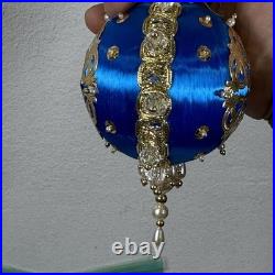Vintage Handmade Beaded & Sequin Push Pin Christmas Ornament 82 pieces Blue Gold