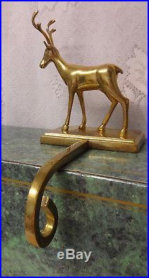 Vintage Heavy Gold Brass Reindeer Christmas Stocking Mantel Hook Holder RARE