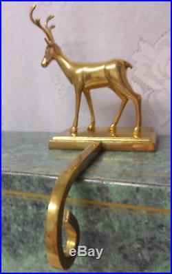 Vintage Heavy Gold Brass Reindeer Christmas Stocking Mantel Hook Holder RARE