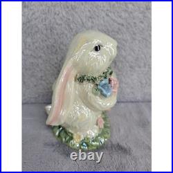 Vintage Iridescent Ceramic Bunny Rabbit Holding Flowers & Carrots Figurine 4.5