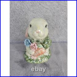 Vintage Iridescent Ceramic Bunny Rabbit Holding Flowers & Carrots Figurine 4.5