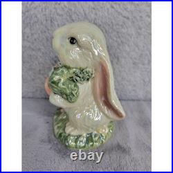 Vintage Iridescent Ceramic Bunny Rabbit Holding Flowers & Carrots Figurine 4.5