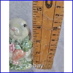 Vintage Iridescent Ceramic Bunny Rabbit Holding Flowers & Carrots Figurine 4.5