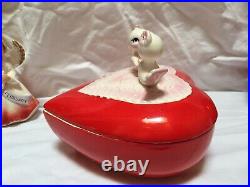 Vintage Lefton Ceramic Valentine's Day Lg Heart Covered Dish Love Birds Great