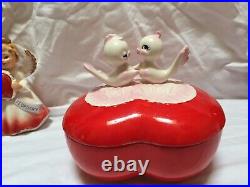 Vintage Lefton Ceramic Valentine's Day Lg Heart Covered Dish Love Birds Great