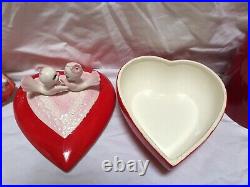 Vintage Lefton Ceramic Valentine's Day Lg Heart Covered Dish Love Birds Great
