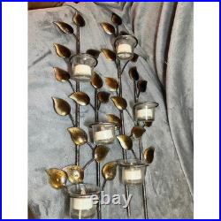 Vintage Metal Leaf Wall Candle Sconces Set Brass Gold Glass Votive MCM 70′s