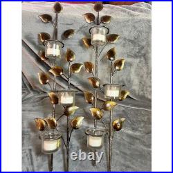 Vintage Metal Leaf Wall Candle Sconces Set Brass Gold Glass Votive MCM 70′s