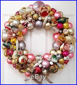 Vintage Pink Glass Christmas Ornament Wreath Hand Crafted 24 Gold Silver White