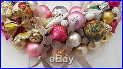 Vintage Pink Glass Christmas Ornament Wreath Hand Crafted 24 Gold Silver White